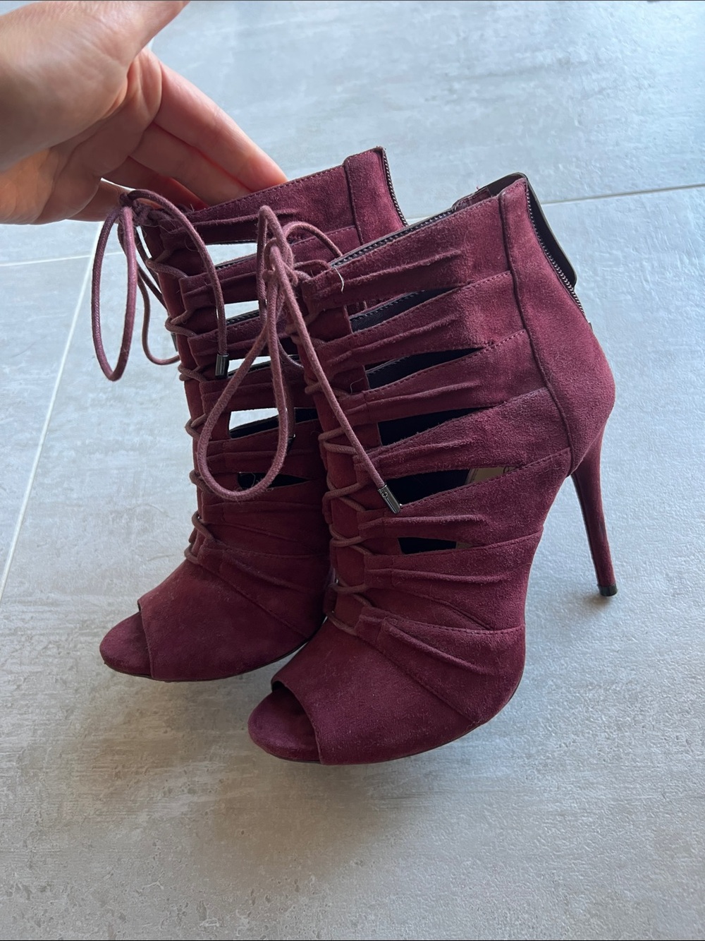 Jessica Simpson Burgundy Lace-Up Peep Toe Stiletto Booties